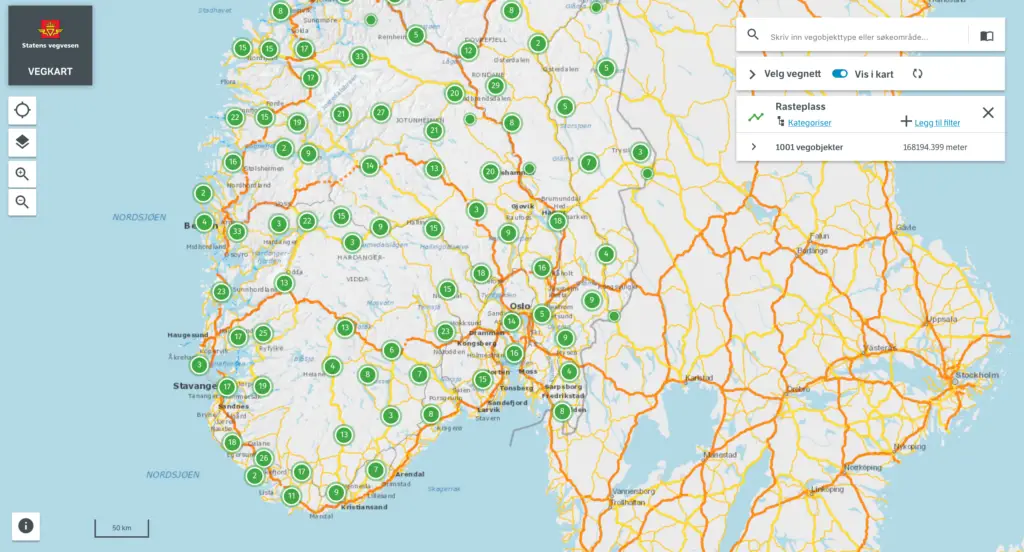 Wild camping spot map from The Norwegian Road Authorities