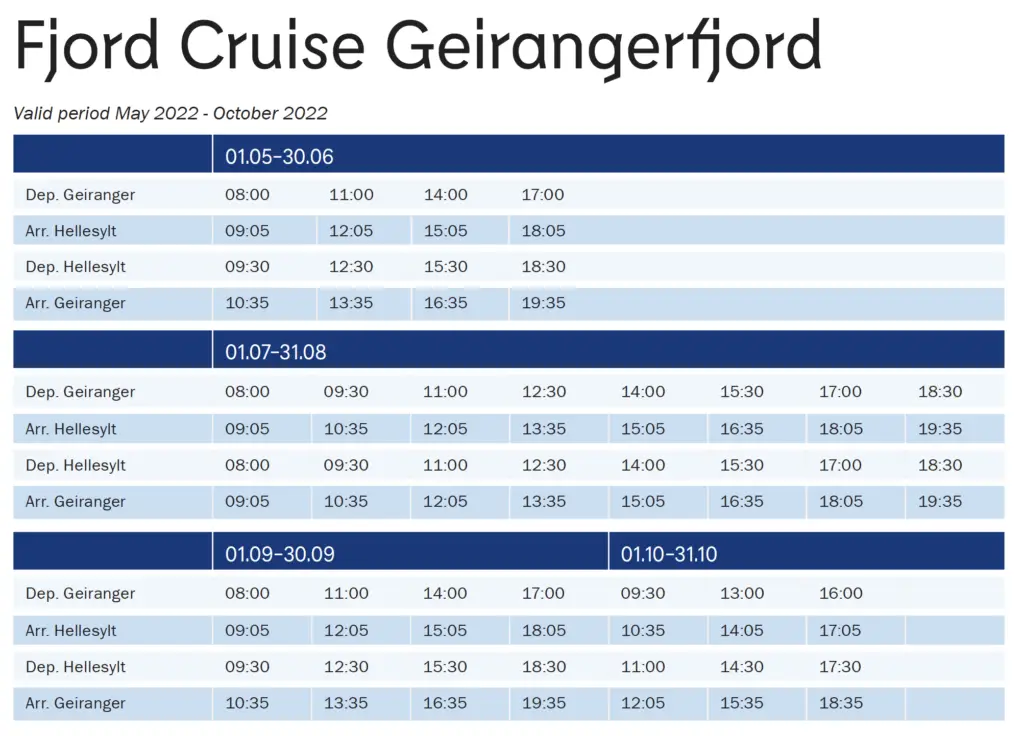 Geirangerfjord Cruise Timetable