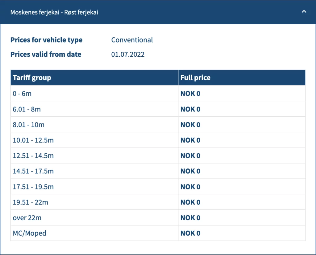 Table with ferry prices from Moskenes to Røst at Lofoten archipelago